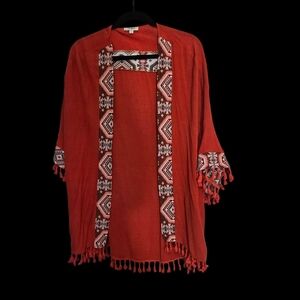 Umgee Red Kimono Cardigan with Geometric Trim